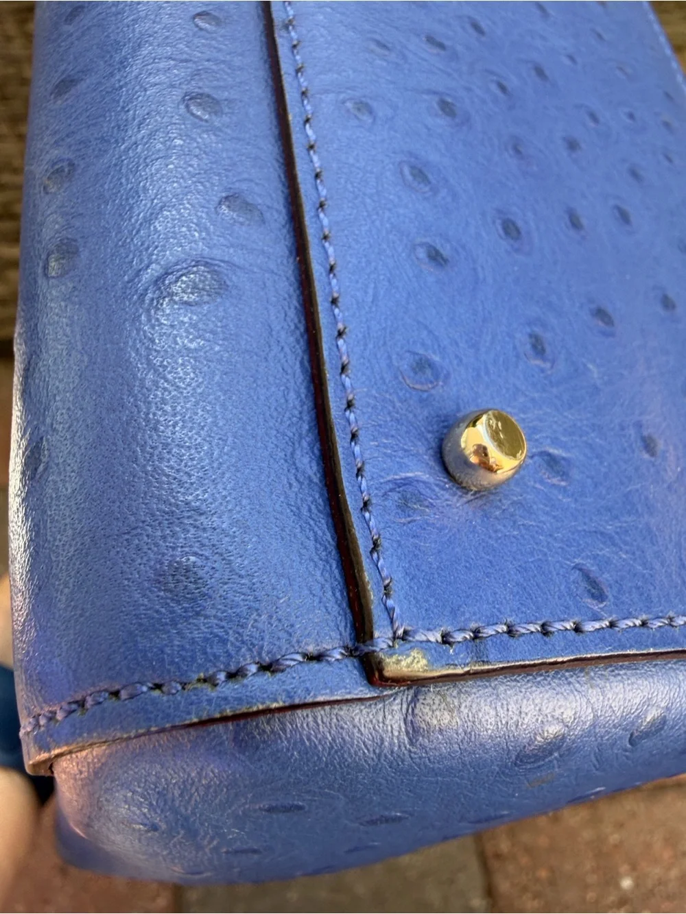 kate spade Royal Blue Ostrich-Embossed Satchel with Gold Hardware